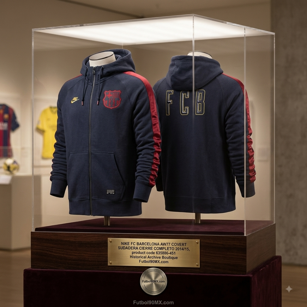 Exhibición de archivo de museo con iluminación atmosférica de la sudadera Nike FC Barcelona AW77 Covert Full Zip 2014/15 en la Historical Archive Boutique Futbol90MX