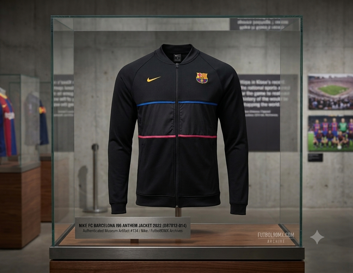 Ejemplar de colección de la chamarra Nike FC Barcelona I96 Anthem Jacket 2022 exhibido en vitrina de archivo histórico Futbol90MX, codigo DB7812-014