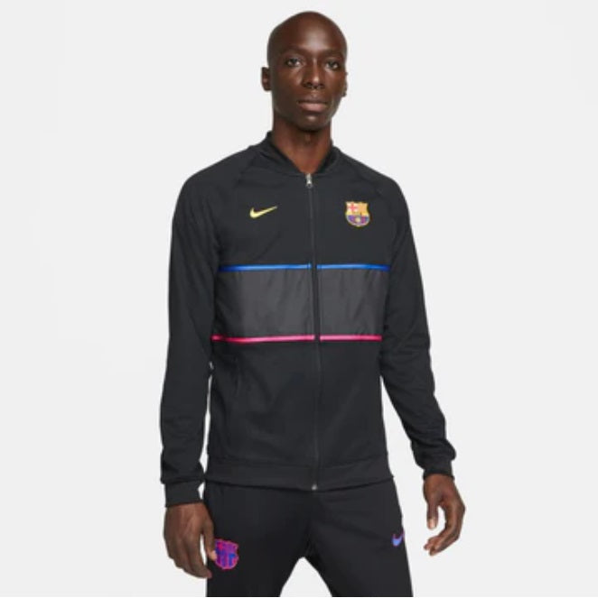 Chamarra negra de presentación Nike FC Barcelona I96 Anthem Jacket 2022 con franjas azul y grana, stock Futbol90MX