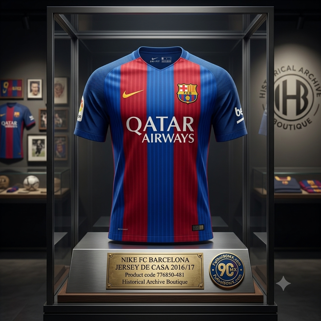 Un Jersey de fútbol Nike del FC Barcelona de la temporada 2016/17, con las icónicas franjas verticales azules y granas, se exhibe de forma destacada dentro de una vitrina de cristal iluminada en un entorno de museo de alta gama, muestra los logotipos de Qatar Airways, Nike y el escudo del club. En la base de la vitrina hay una placa metálica detallada con el texto: "NIKE FC BARCELONA JERSEY DE CASA 2016/17, codigo 776850-481, Historical Archive Boutique Futbol90MX