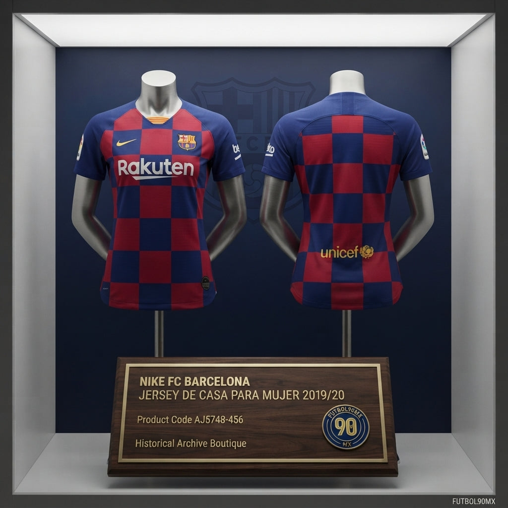 Exhibición de archivo museográfica de la camiseta Nike FC Barcelona de casa para mujer 2019/20 (Ref. AJ5748-456) con placa e insignia en la Historical Archive Boutique de Futbol90MX