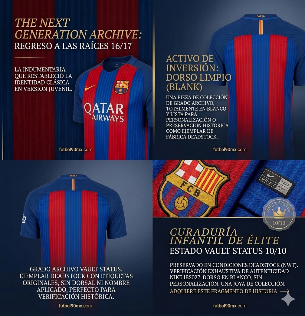 Infografía de marketing del jersey Barcelona 16/17 Youth, texto Regreso a las Raíces, enfoque en la identidad clásica blaugrana.