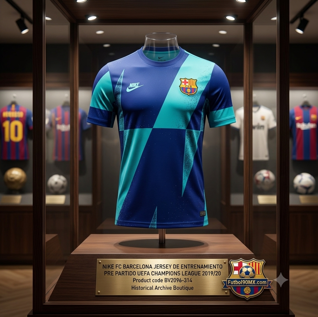 Vista de primer plano de un jersey de fútbol Nike FC Barcelona Pre-Partido de la temporada 2019/20 código BV2096-314. La camiseta presenta un diseño geométrico abstracto en tonos azul marino y turquesa, con el escudo del club y un logotipo retro de Nike Futura en el pecho. Se exhibe dentro de una vitrina de madera iluminada con focos, montada sobre un maniquí fantasma, en Historical Archive Boutique Futbol90MX.