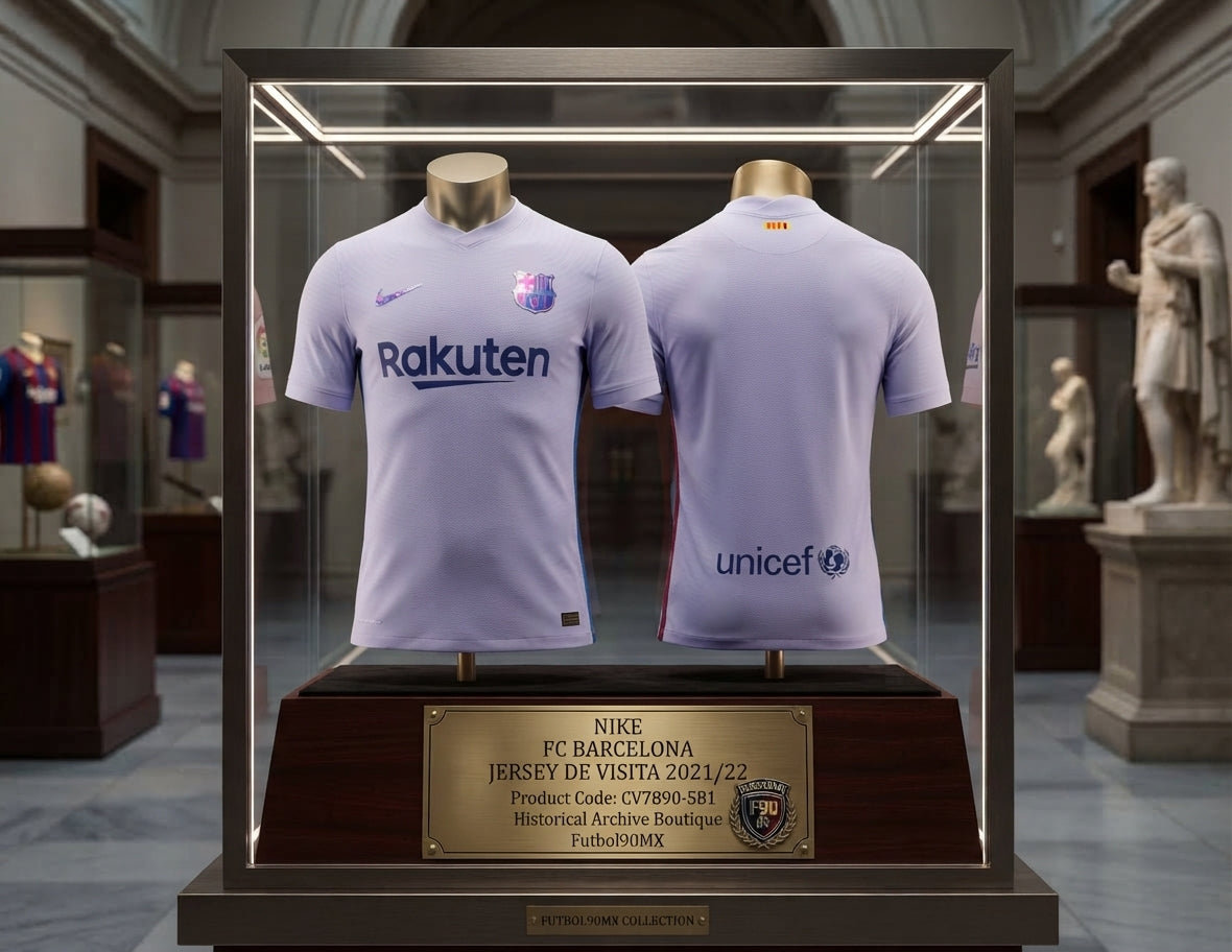 Vista de museo del Jersey de visita Nike FC Barcelona 2021/22 (CV7890-581) expuesto en una vitrina museística de la Historical Archive Boutique en Futbol90MX, acompañado de elementos de exhibición y placa de archivo