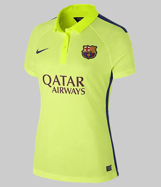 Vista frontal angulada del jersey Nike FC Barcelona tercero para mujer 2014/15 (Ref. 631209-710) en color Volt y azul marino, disponible en Futbol90MX