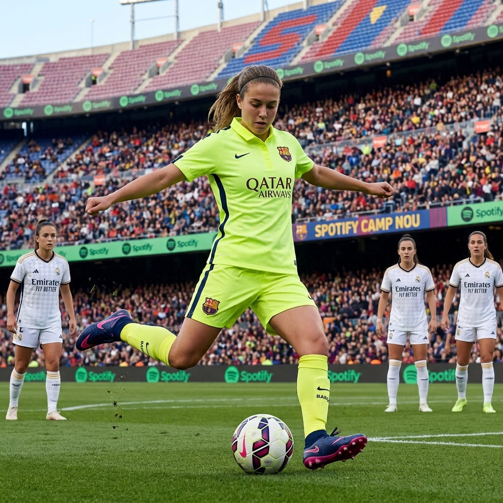 Jugadora profesional en el terreno de juego del Spotify Camp Nou portando la tercera equipación Nike FC Barcelona de mujer 2014/15 (Ref. 631209-710) en Futbol90MX