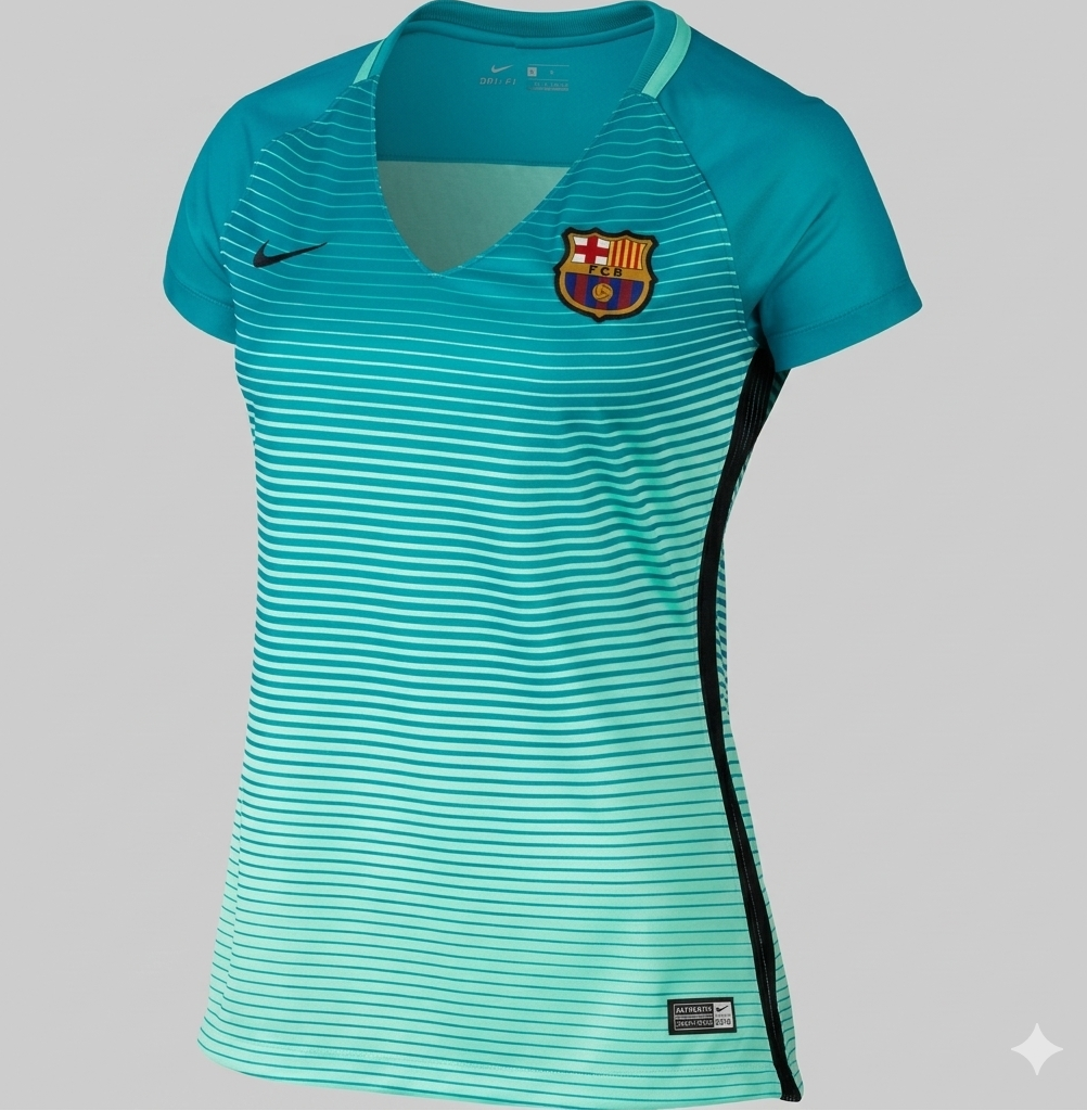 Jersey Nike FC Barcelona Tercer Uniforme Femenil temporada 2016/17 en color turquesa con diseño de degradado horizontal Energy, pieza de colección de Grado de Archivo 10/10.