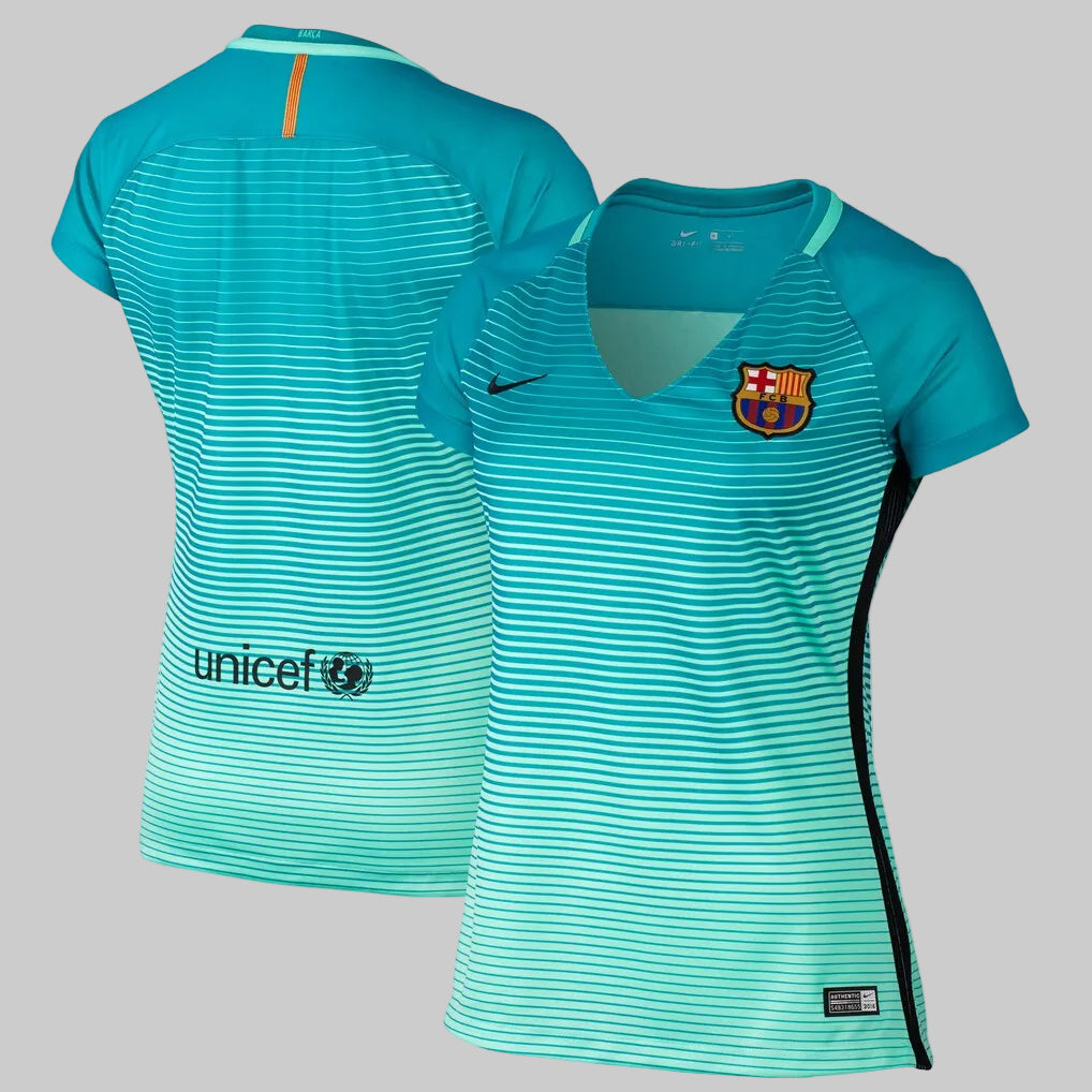 Teal sports FC Barcelona women's jersey with Nike logo and Unicef branding on a white background