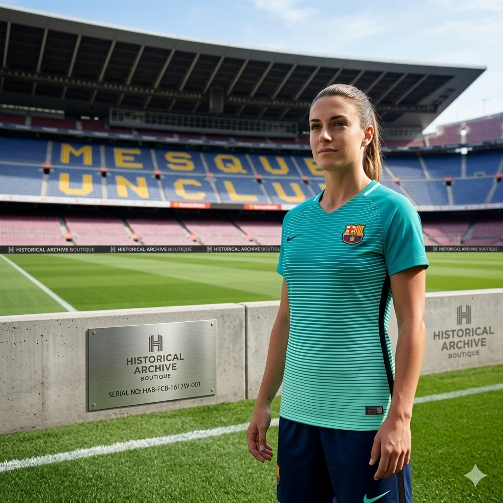 Modelo portando el Jersey Alternativo del FC Barcelona Femenil 2016/17 en un estadio de fútbol, destacando el ajuste de silueta femenina y la tecnología Nike Dri-FIT de época.