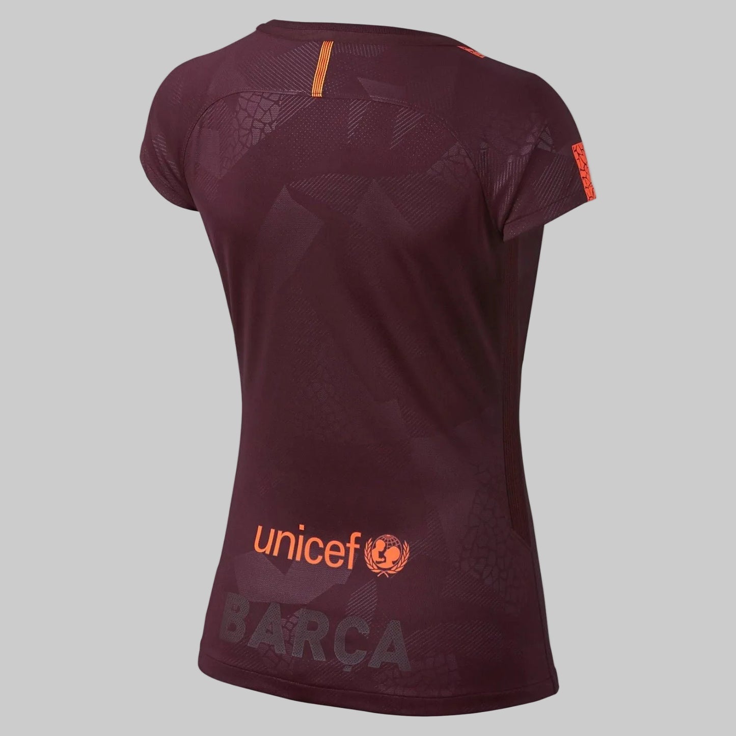 Vista posterior del jersey femenino del FC Barcelona 2017/18 en color granate oscuro, con vista al cuello y la continuación del patrón de mosaico, codigo Nike 847224-683, stock Futbol90MX