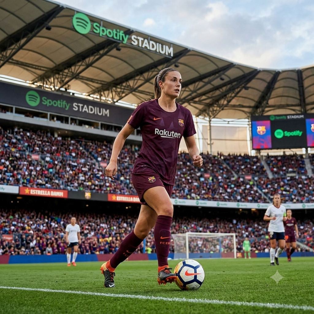 Imagen de acción de una futbolista profesional regateando un balón en el césped de un estadio, vistiendo el kit completo del FC Barcelona 2017/18 con el jersey granate y los shorts a juego.