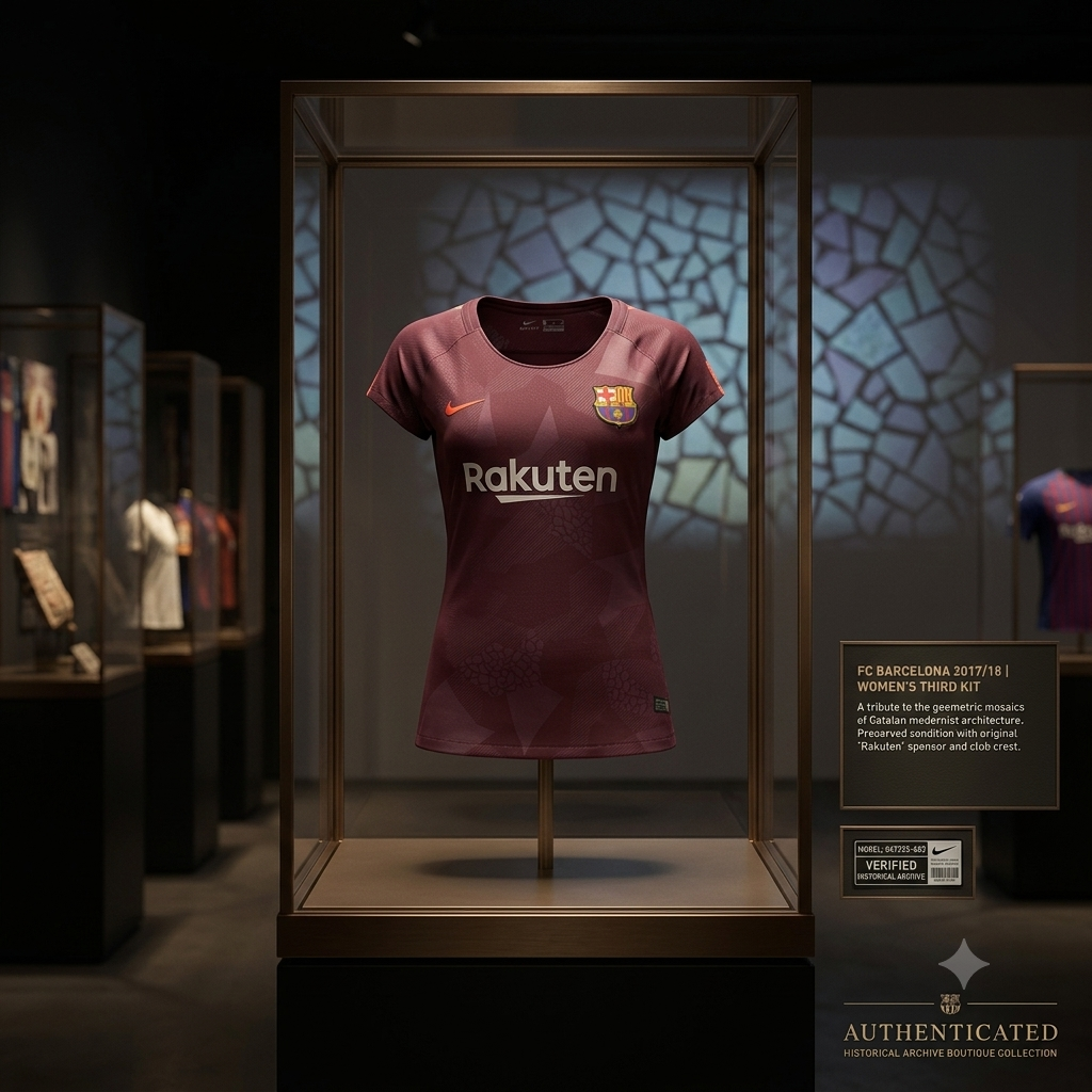Fotografía de presentación premium del jersey tercero femenino Nike del FC Barcelona 2017/18 exhibido dentro de una vitrina de cristal estilo museo con un fondo texturizado, destacando su valor de colección, codigo 847224-683, en Futbol90MX
