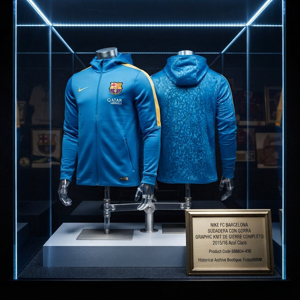 Exhibición museográfica de la sudadera con gorra Nike FC Barcelona Graphic Knit de Cierre Completo 2015/16 (Ref. 686604-436) en una vitrina de cristal iluminada, con base metálica, placa conmemorativa y el uniforme completo de archivo en la Historical Archive Boutique de Futbol90MX. 🏛️⚽✨