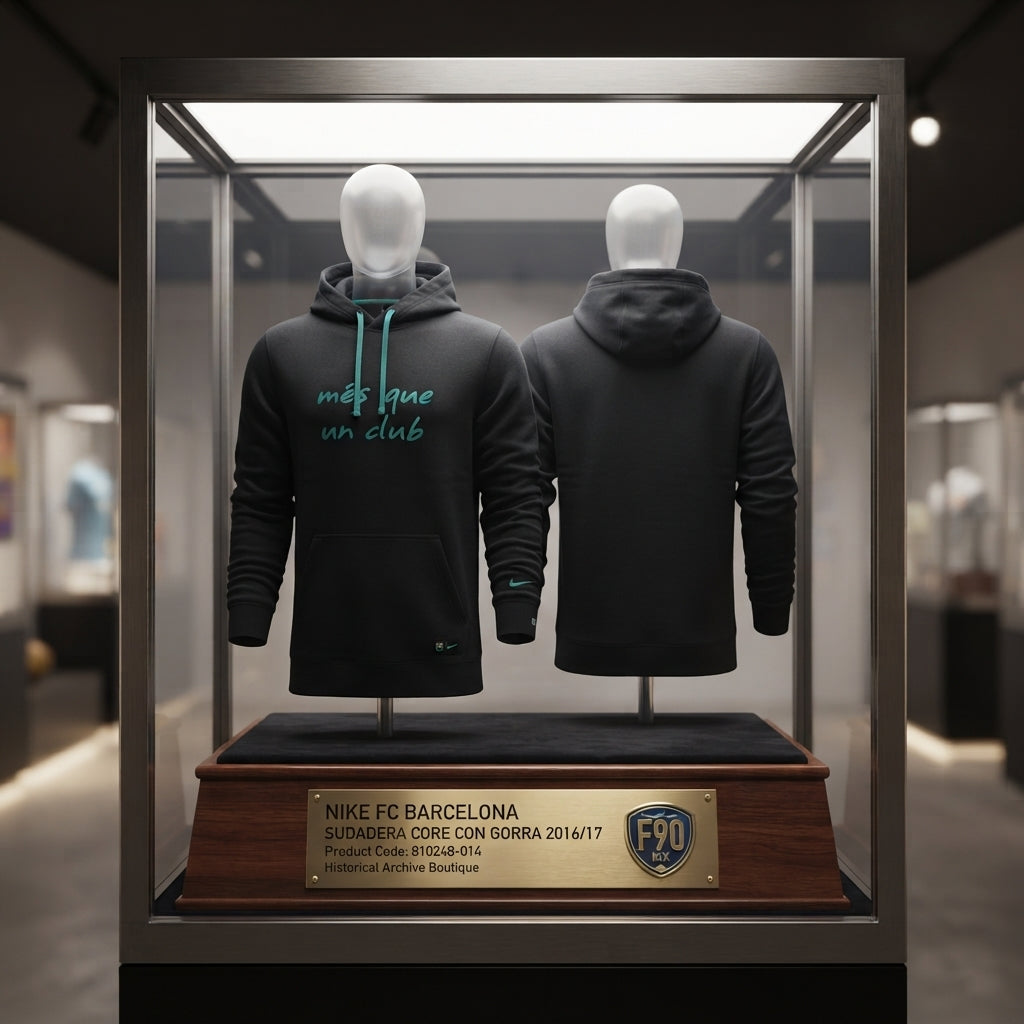 Exhibición dual de archivo museográfica de la sudadera con gorra Nike FC Barcelona Core 2016/17 (Ref. 810248-014) mostrando frente y reverso en la Historical Archive Boutique de Futbol90MX