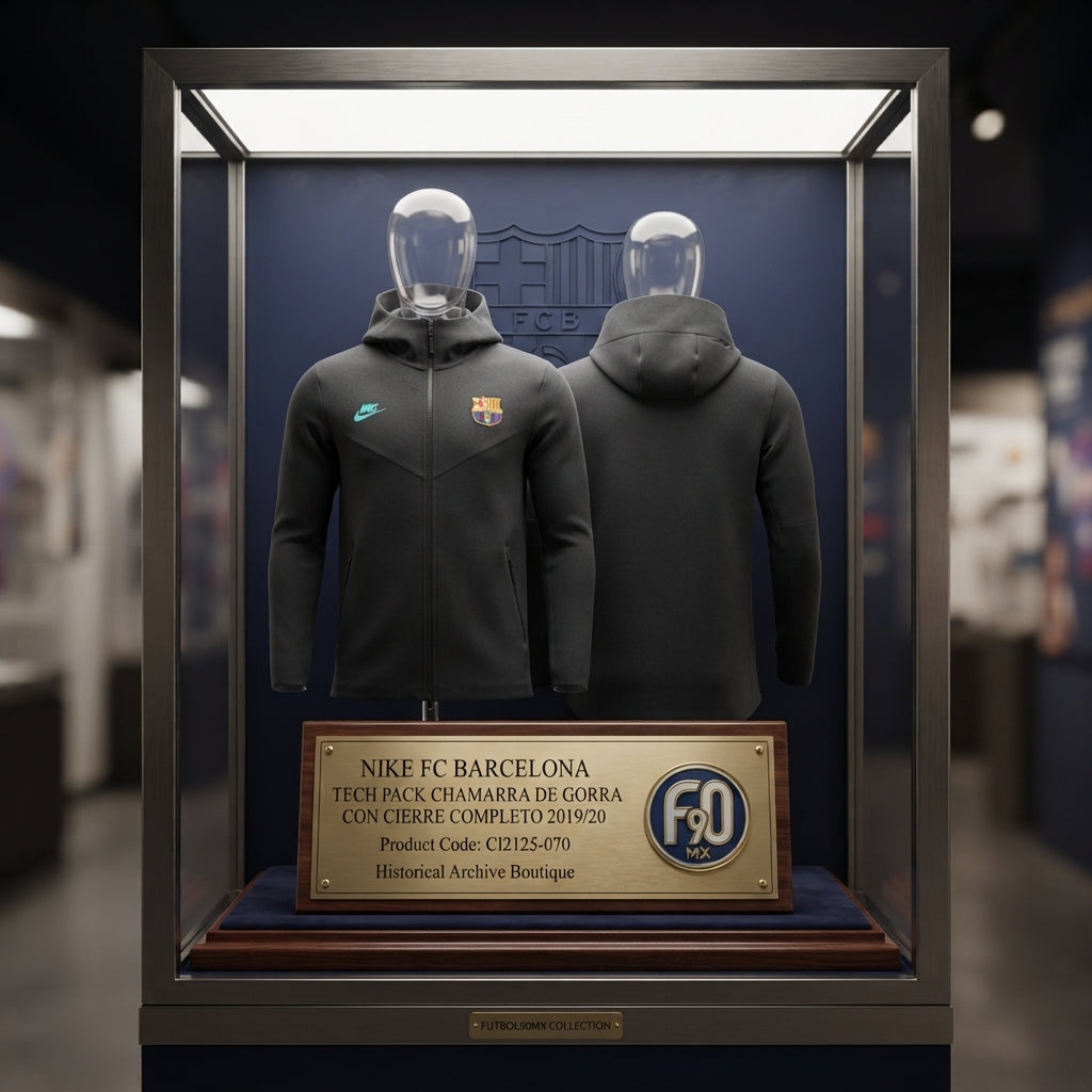 Vista de Exhibición de archivo museográfica de la chamarra Nike FC Barcelona Tech Pack 2019/20 (Ref. CI2125-070) con placa e insignia en la Historical Archive Boutique de Futbol90MX