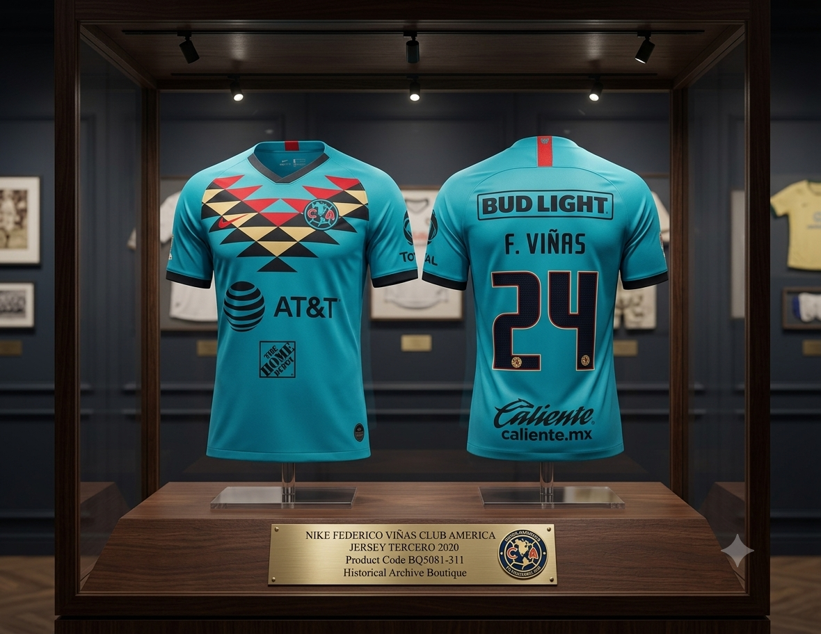 Vista calidad de museo de una vitrina de archivo iluminada con LED, que exhibe el tercer jersey Nike del Club América 2020 de Federico Viñas (#24, BQ5081-311) sobre una base de madera, con una placa de identificación de archivo clearly legible, en Historical Archive Boutique Futbol90MX