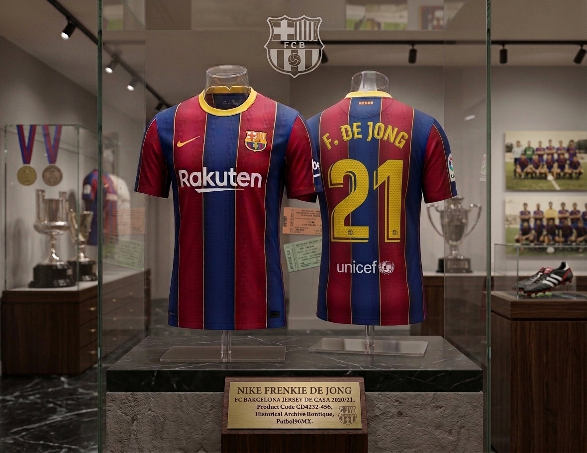 Exhibición museográfica dual del jersey Nike Frenkie de Jong FC Barcelona Local 2020/21 (Ref. CD4232-456) en vitrina de archivo en la Historical Archive Boutique de Futbol90MX