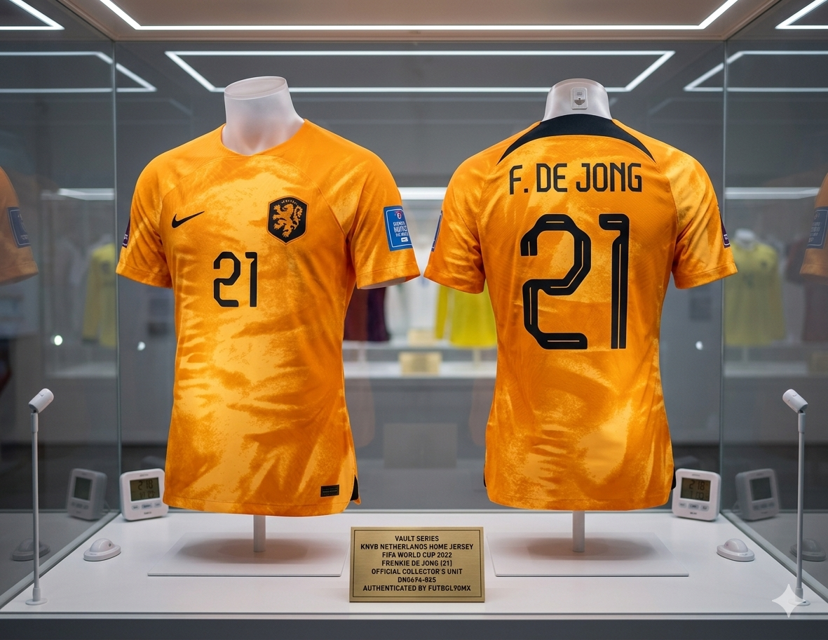Frenkie de Jong Netherlands 2022 Collector's Unit (DN0694-845) exhibido en vitrina de archivo con placa dorada de autenticación de la Vault Series de Futbol90MX.