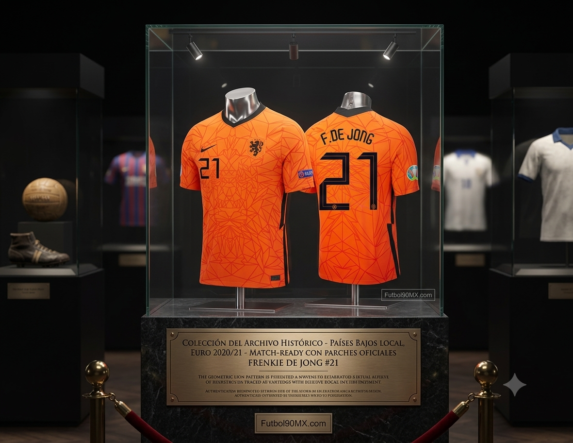 Jersey oficial Países Bajos local Euro 2020 con dorsal Frenkie de Jong 21 en vitrina de exhibición premium, archivo histórico de Futbol90MX con código Nike CD0712-819
