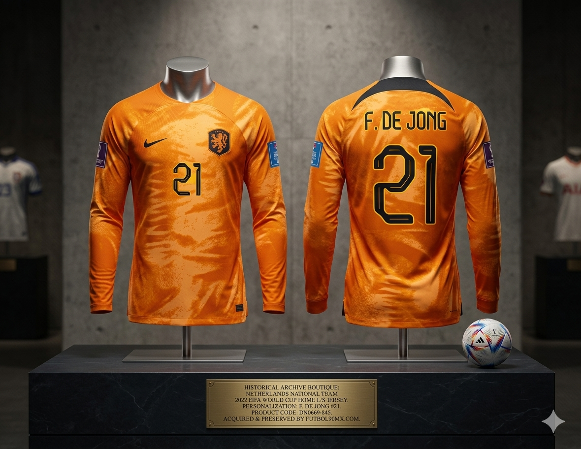 Jersey Nike de Frenkie de Jong sobre maniquí de museo en la Historical Archive Boutique, incluyendo placa técnica grabada con el código DN0669-845, reafirmando su estatus de pieza de colección en Futbol90MX