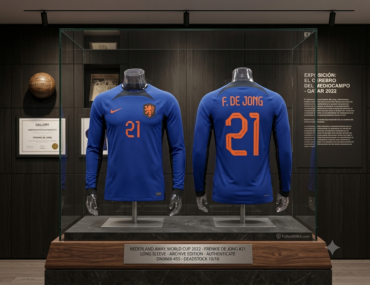 Exhibición de archivo Futbol90MX: Jersey Manga Larga Nike Países Bajos Mundial FIFA 2022 visitante de Frenkie de Jong en vitrina premium, certificado de autenticidad codigo DN0668-455.