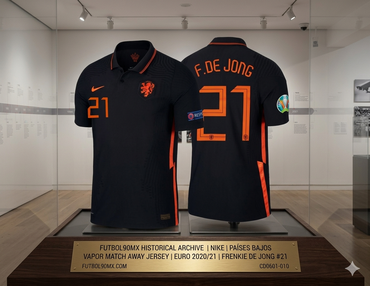 Exhibición de archivo: Jersey de visita de Países Bajos EURO 2020/21, versión Vapor Match de Frenkie de Jong (#21), codigo CD0601-010, presentada en vitrina museística con placa de autenticidad Futbol90MX