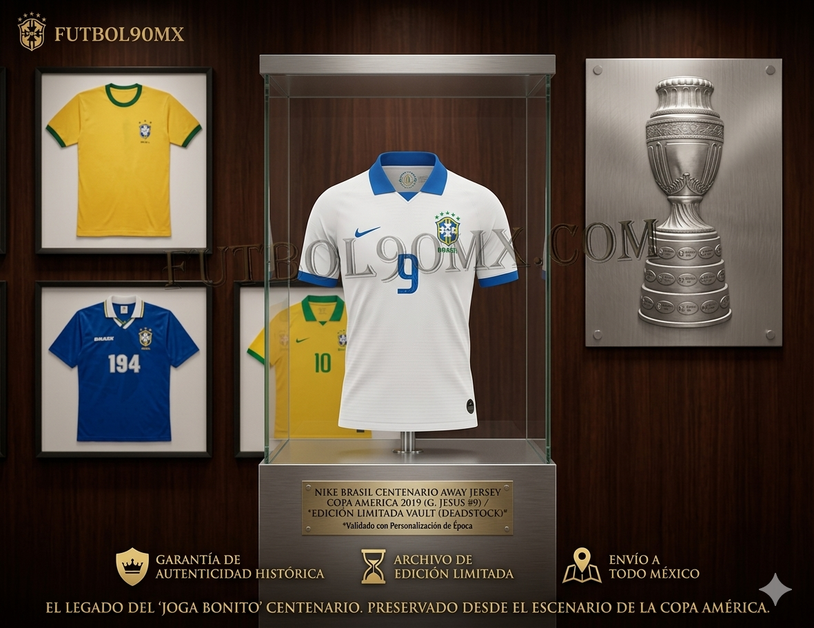 Infografía de Futbol90MX con el jersey de Gabriel Jesus 2019 en vitrina de museo, destacando su estado "Deadstock Grado 10/10" y envío a todo México.