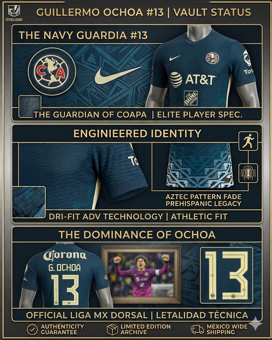 Infografía de archivo: Jersey Nike Guillermo Ochoa #13 Club América 2021/22 versión ADV Vapor Match con estatus Vault y detalles de ingeniería textil.