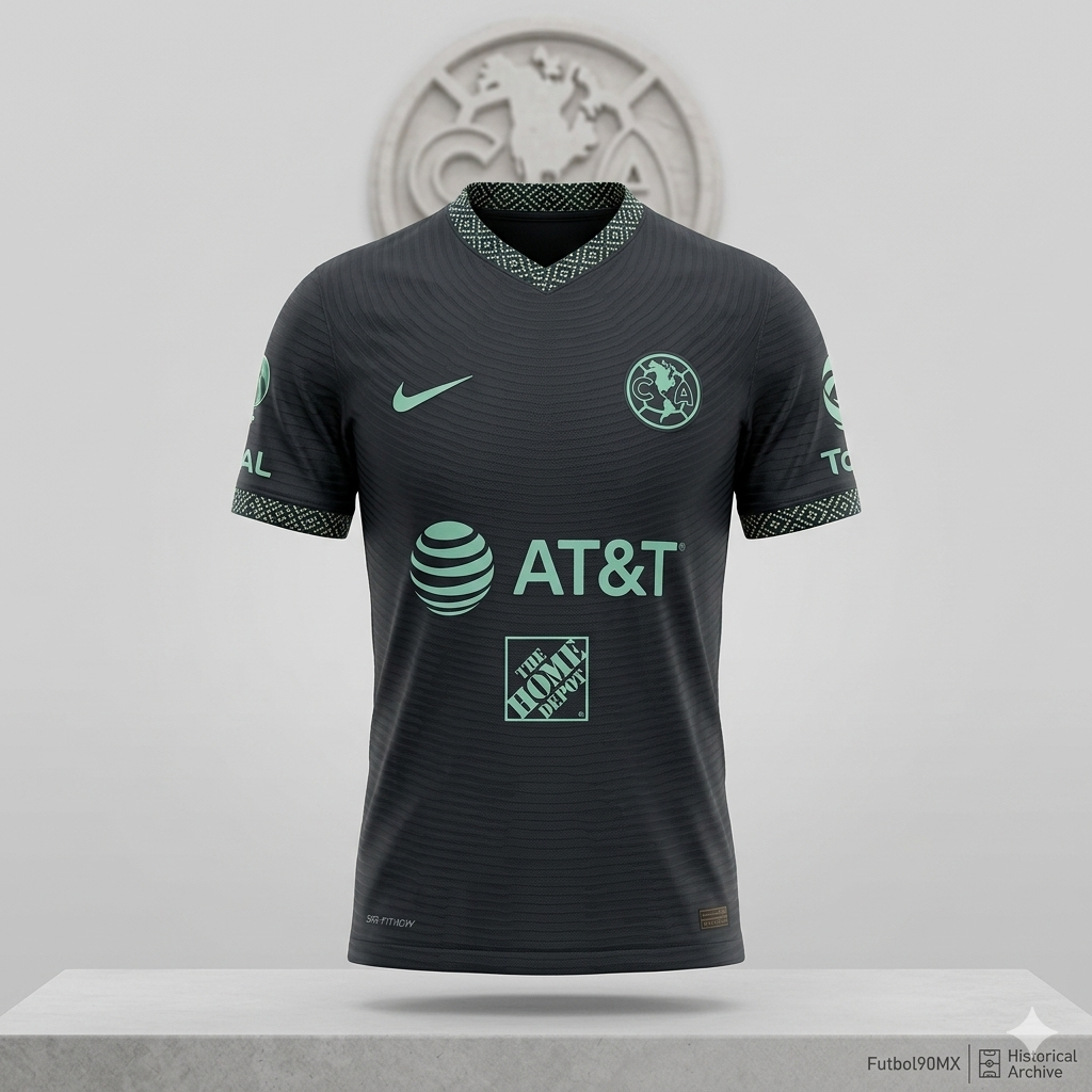 Detalle del escudo del Club América y el Swoosh de Nike en material sintético termosellado color verde jade, libre de costuras para alto rendimiento.