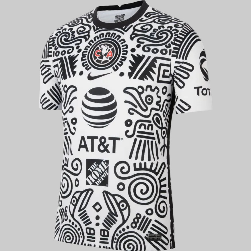 Vista frontal del jersey de la tercera equipación 2020/21 del Club América con personalización de Guillermo Ochoa (Código: CV3707-100) y patrones gráficos aztecas en Futbol90MX