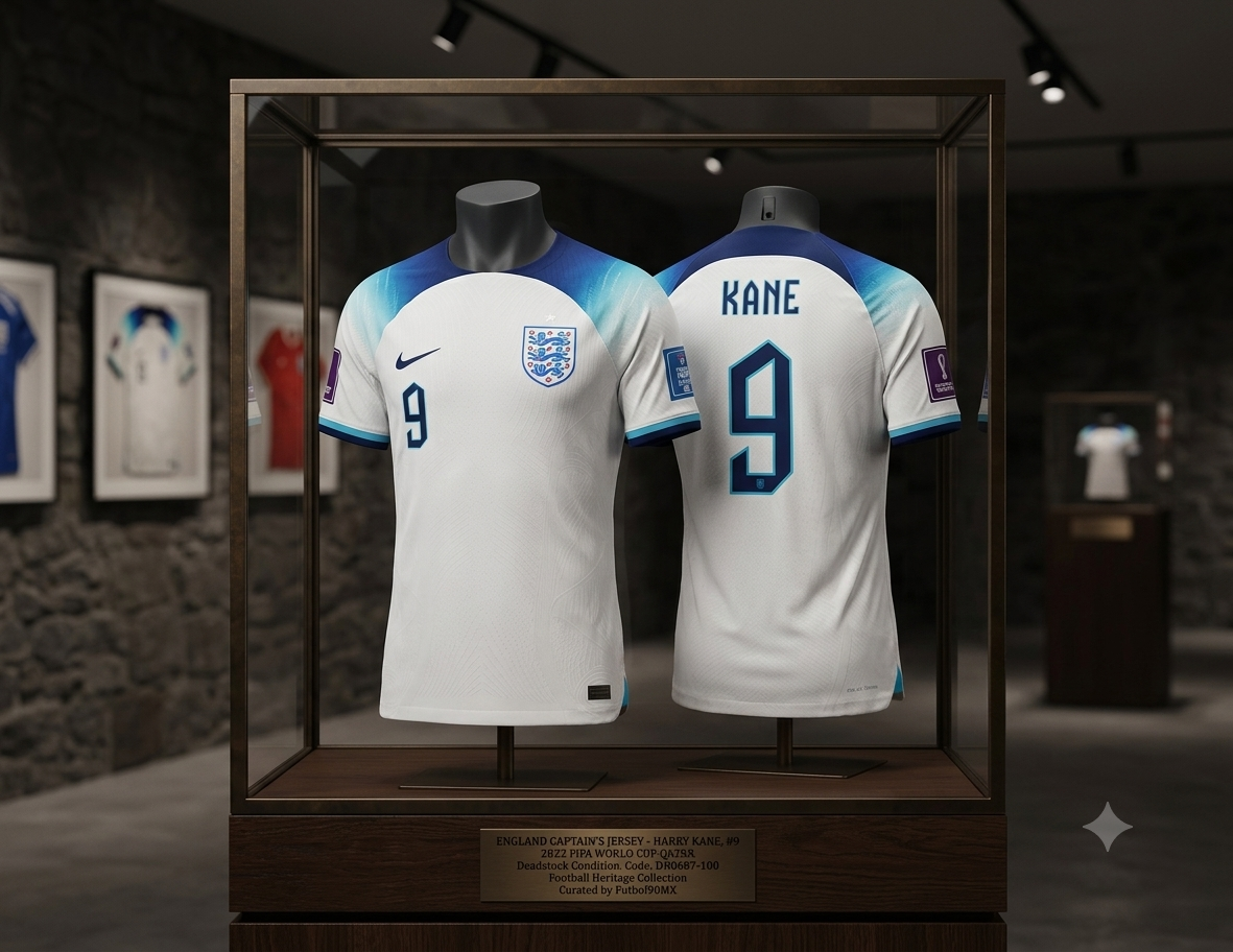 Jersey Nike de local de Inglaterra 2022 de Harry Kane exhibido en vitrina con placa de identificación "Futbol90MX", código DN0687-100 y estado Deadstock certificado.