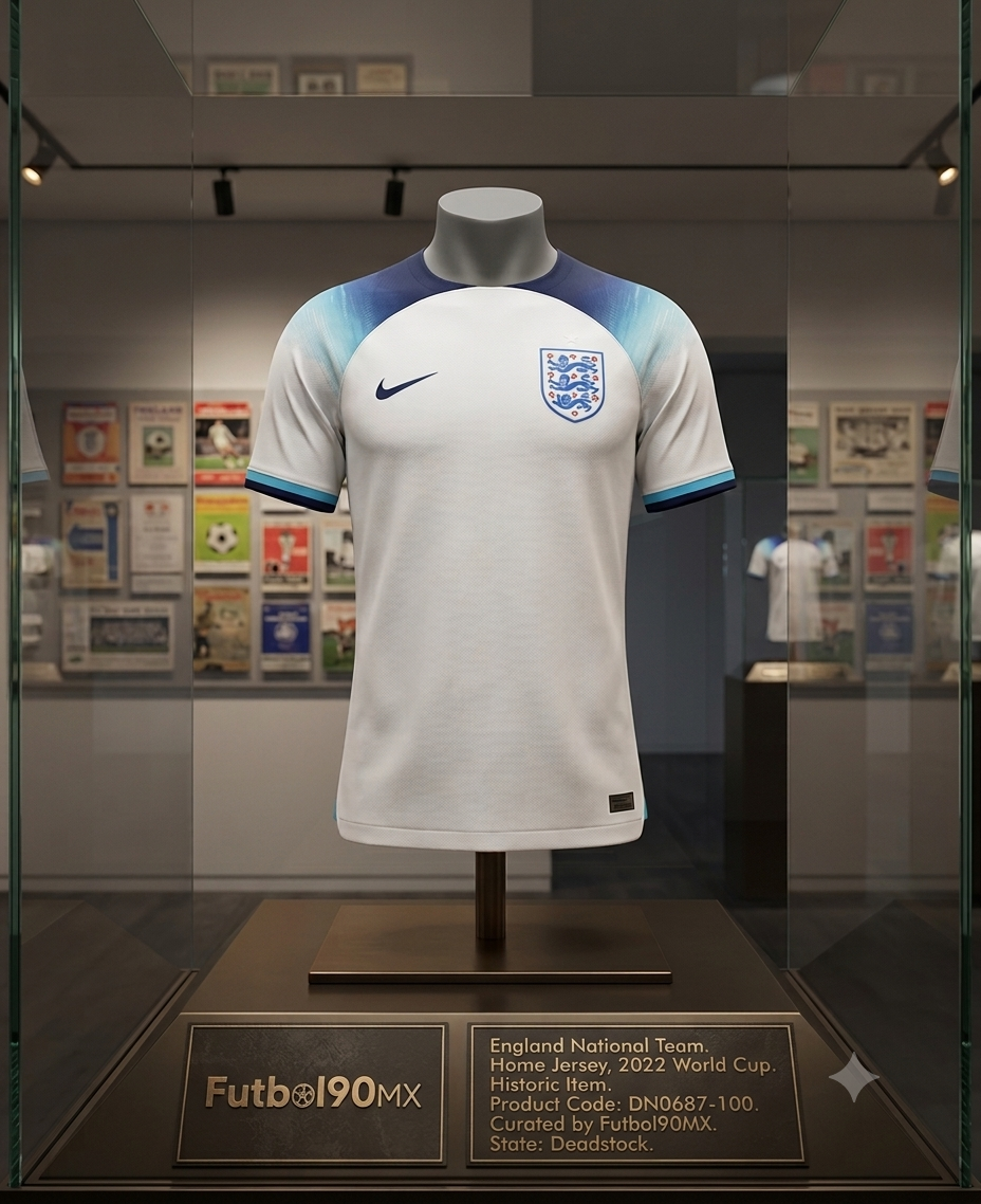 Jersey Nike de local de Inglaterra Copa Mundial 2022 exhibido en vitrina de cristal estilo museo con placa de identificación "Futbol90MX", código de producto DN0687-100 y estado Deadstock.