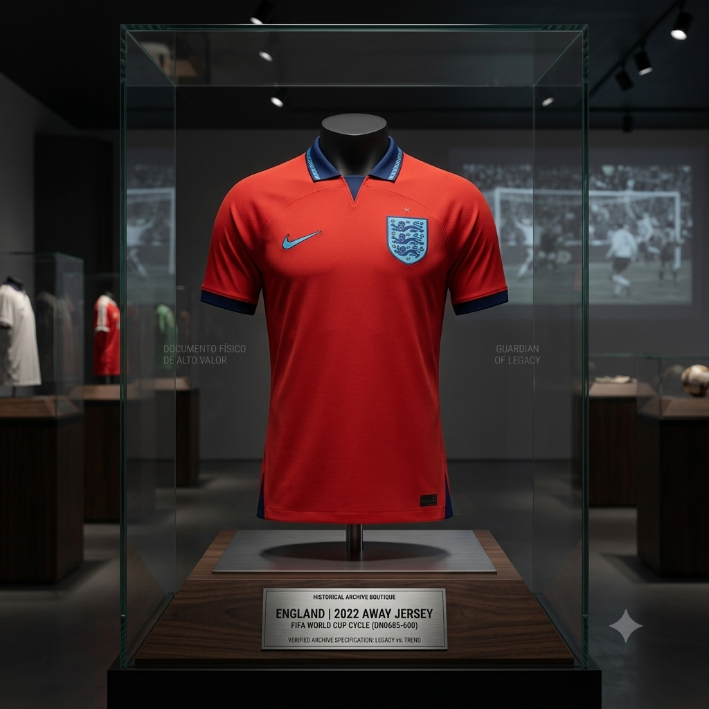 Jersey oficial Nike Inglaterra Mundial 2022, diseño de colección en exhibición de la Historical Archive Boutique Futbol90MX, Autenticidad garantizada.
