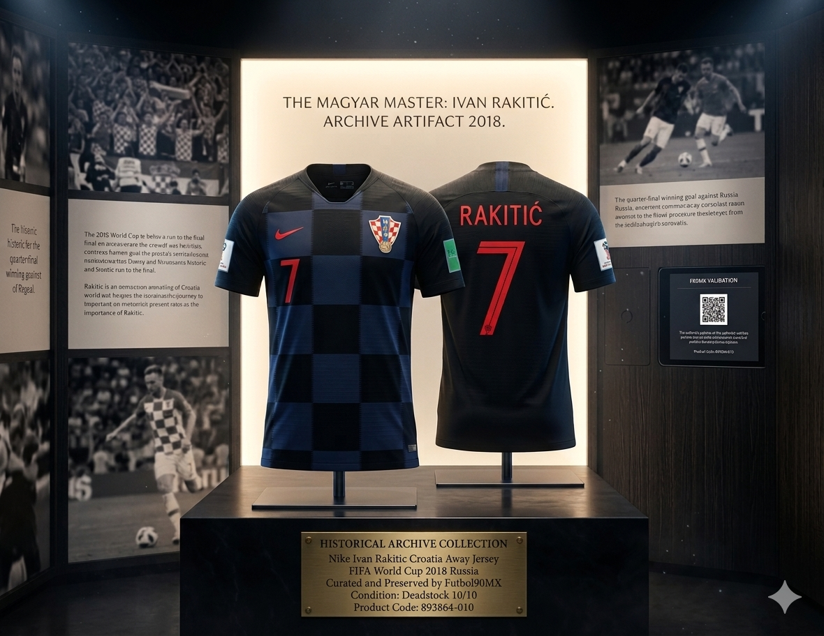 Fotografía de archivo del jersey Nike de Ivan Rakitić Croacia 2018 en exhibición con placa técnica, activo verificado con código 893864-010 disponible en Futbol90MX