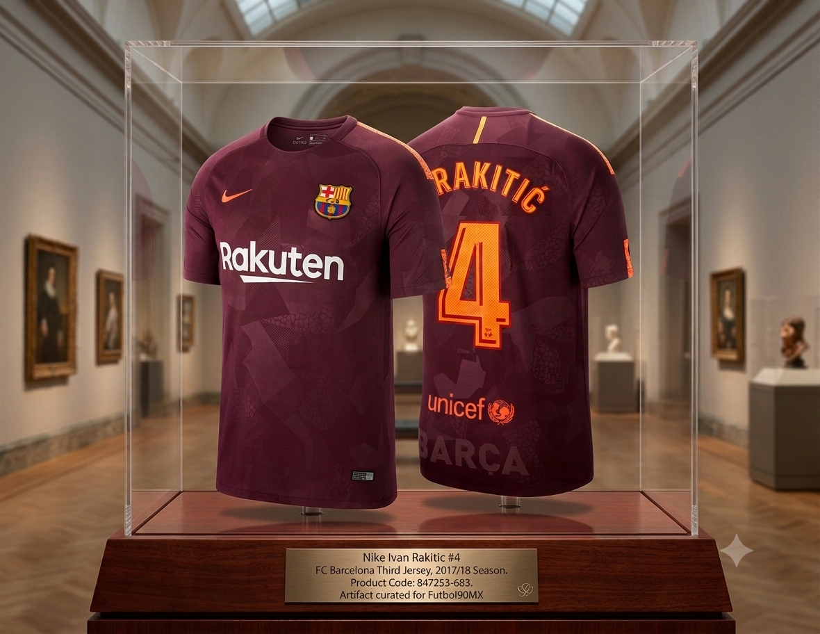 Jersey Nike de archivo de Ivan Rakitić #4 FC Barcelona 2017/18, exhibido en una vitrina de museo con placa de autenticidad que detalla el código 847253-683, en Historical Archive Boutique Futbol90MX