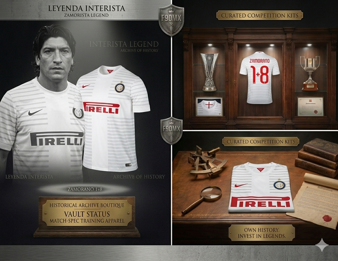 Composición visual de la Historical Archive Boutique destacando el jersey de Zamorano 1+8 como activo de colección y pieza de inversión deportiva.