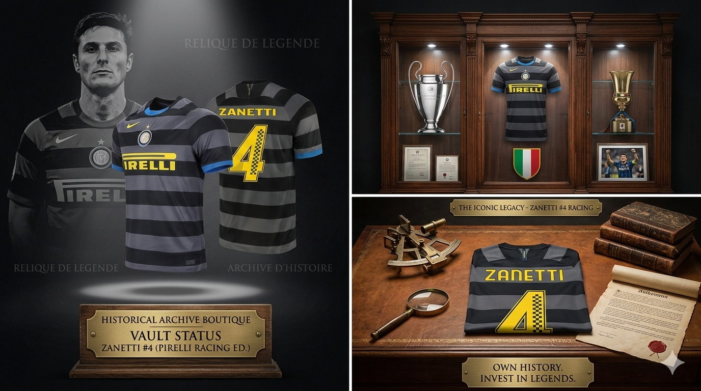 Composición visual de Futbol90MX para la Javier Zanetti Pirelli Racing Edition en vitrina de museo con trofeos y documentos históricos