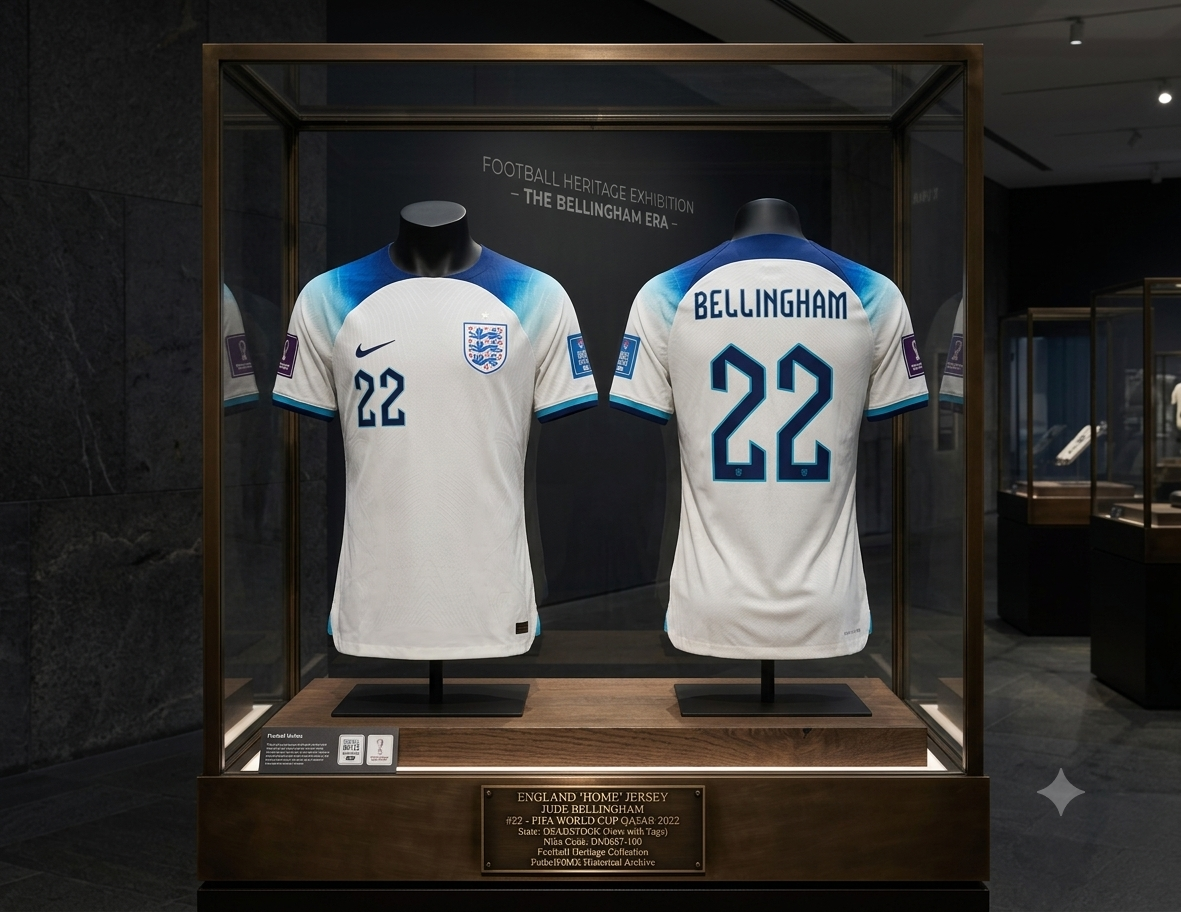 Jersey Nike de local de Inglaterra 2022 de Jude Bellingham exhibido en vitrina con placa de identificación "Futbol90MX", código DN0687-100 y estado Deadstock certificado.