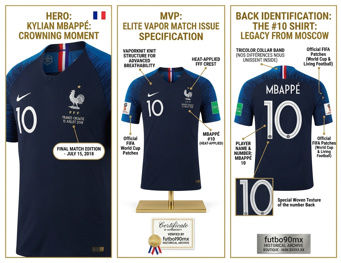 Análisis técnico de autenticidad Jersey Mbappé Final 2018: parches FIFA, detalle de partido y textura VaporKnit.