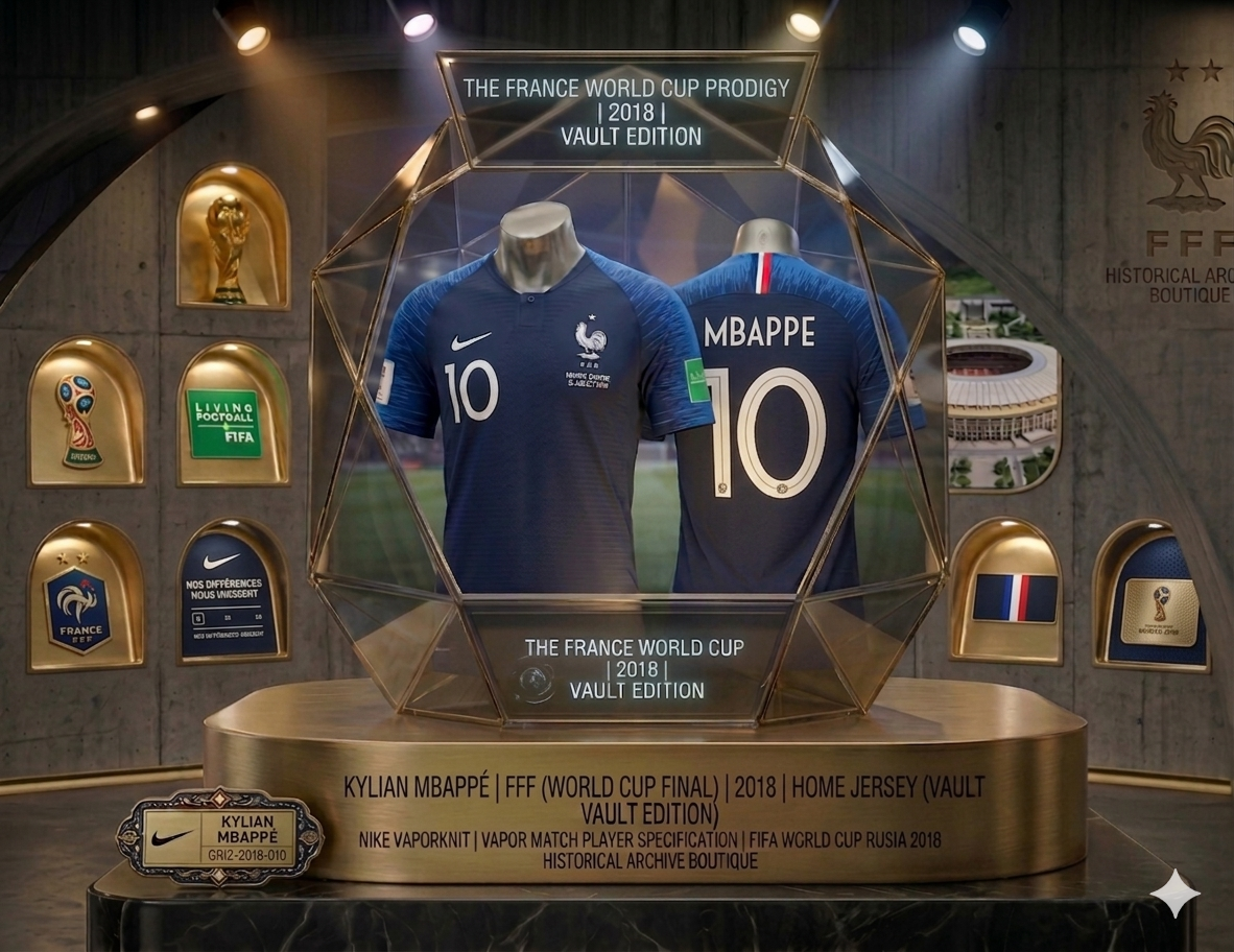 Exhibición de archivo histórico Jersey Francia 2018 Mbappé 10 Final World Cup Vault Edition con iluminación de museo.