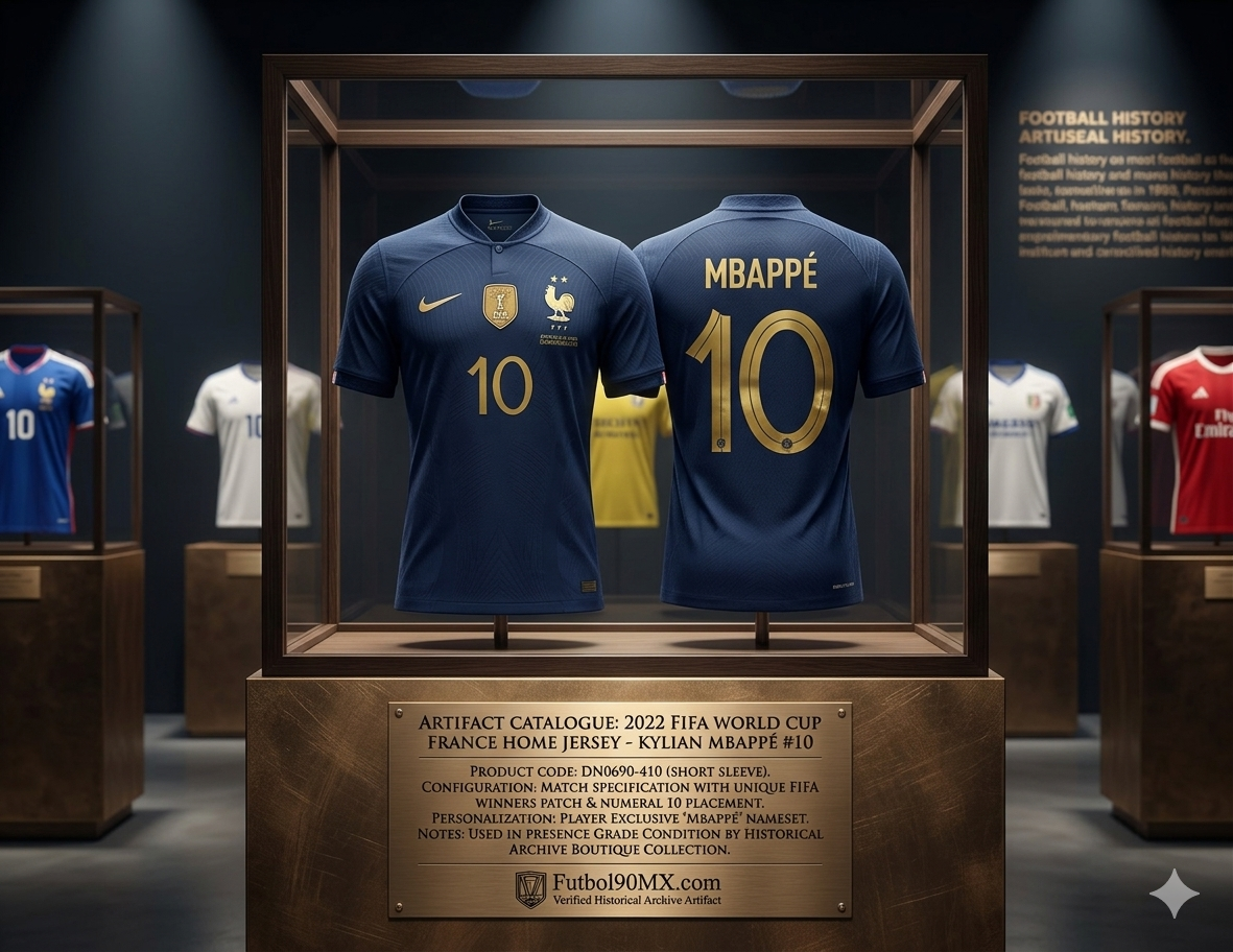 Exhibición de museo del jersey Nike Stadium de Francia 2022, versión manga corta con el #10 de Kylian Mbappé. Presentado en gabinete de cristal con placa dorada detallando la autenticidad, código DN0690-410 y su estatus como activo de archivo certificado en Futbol90MX.