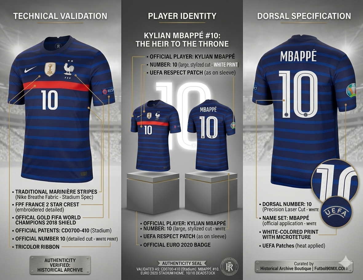 Infografía de validación técnica de Futbol90MX para el jersey de Kylian Mbappé Francia 2020, detallando especificaciones de archivo y autenticidad 10/10 Deadstock.