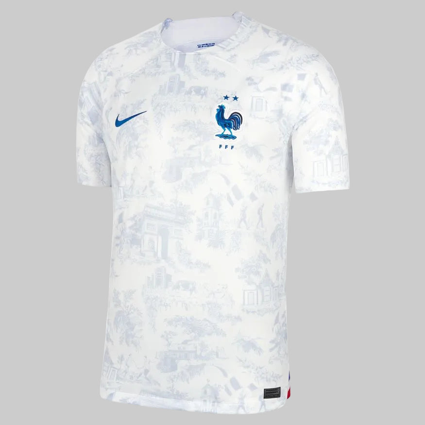 Jersey Kylian Mbappé Francia 2022, versión de visita con dorsal oficial #10 y patrón Toile de Jouy, en Futbol90MX