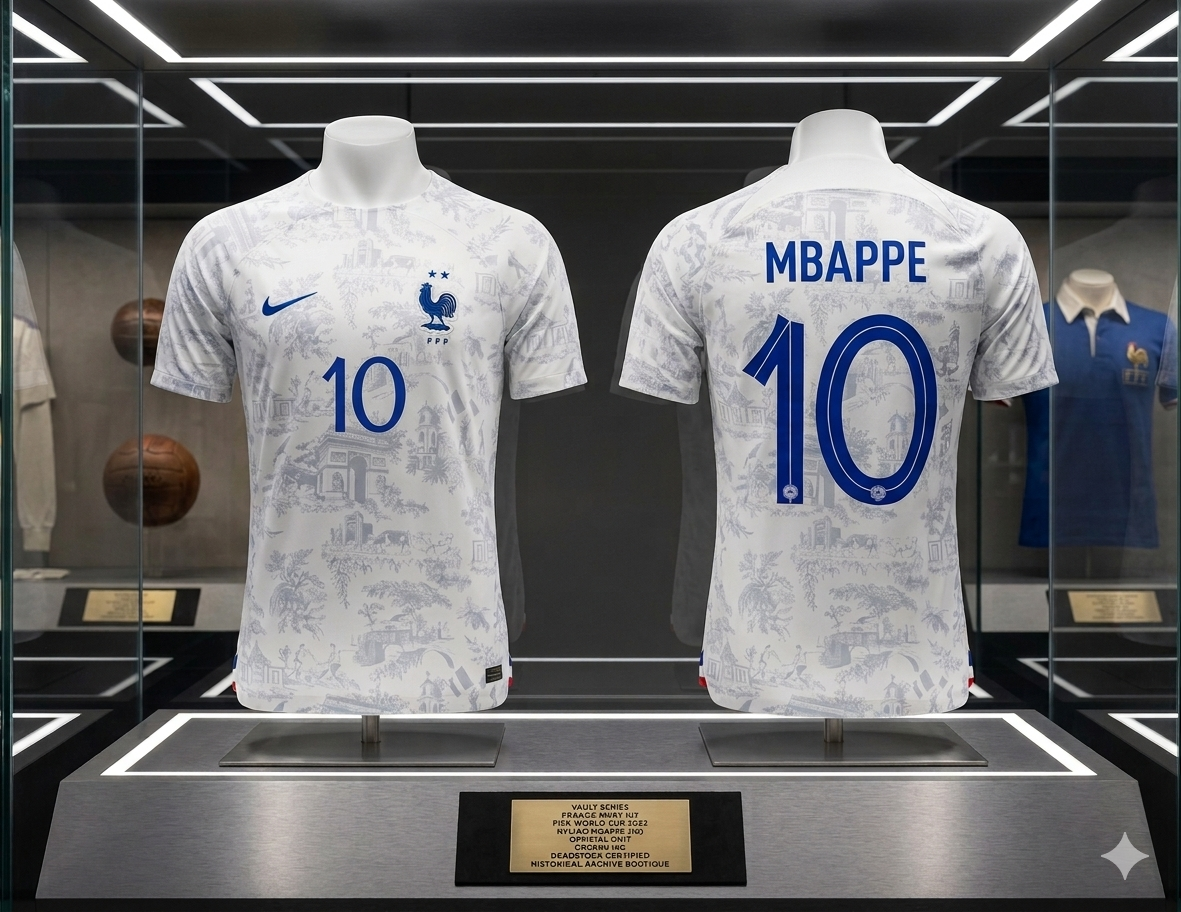 Kylian Mbappé France Away 2022 Legend Series Asset: Exhibición de archivo en vitrina doble con vista frontal y dorsal, placa dorada de Vault Status y certificación de boutique histórica Futbol90MX, codigo Nike DN0688-100