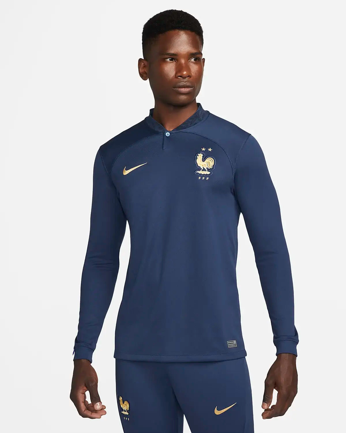 Vista completa frontal del Jersey de Francia manga larga de local, Mundial 2022 de Mbappe 10, en Futbol90MX