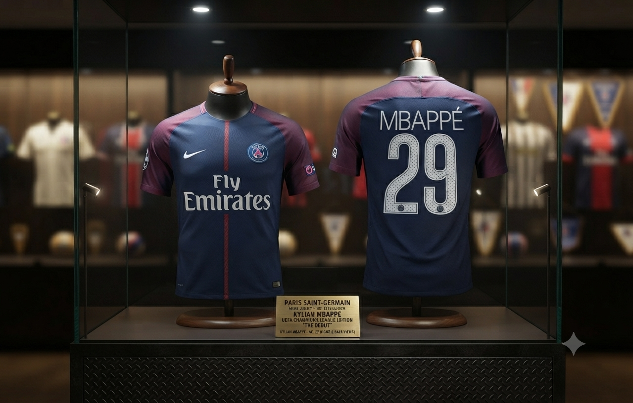 Jersey Nike de local PSG UCL 2017/18 de Kylian Mbappé exhibido en vitrina museística, codigo 847269-430, con placa de identificación oficial de la Historical Archive Boutique de Futbol90MX.