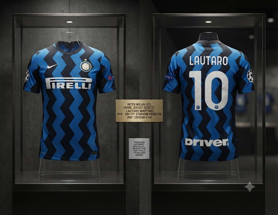 Jersey Nike Inter de Milán Uefa Champions League 2020/21 de Lautaro Martínez #10, presentado en un maniquí de exhibición con iluminación de estudio, resaltando la vitalidad de los colores 'Nerazzurri' y su diseño futurista, codigo CD4240-414, en Historical Archive Boutique Futbol90MX