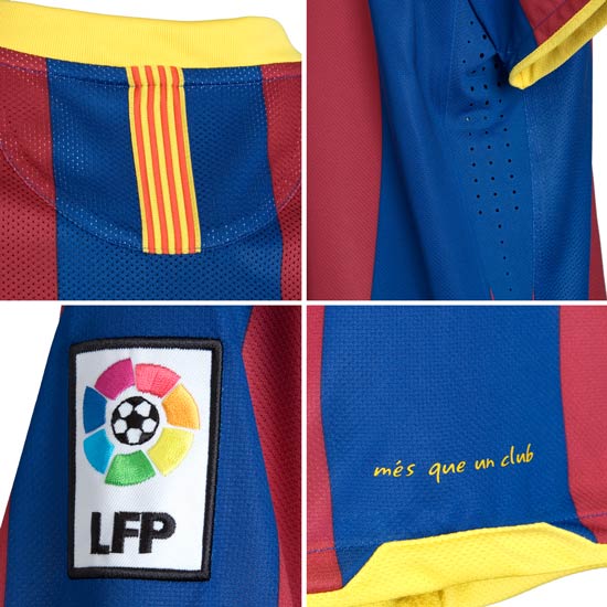 Collage de detalles técnicos del jersey Nike FC Barcelona Authentic Match local 2010/11 de Messi (Ref. 406809-486) mostrando la bandera en el cuello, microperforaciones láser, parche LFP y lema en Futbol90MX.