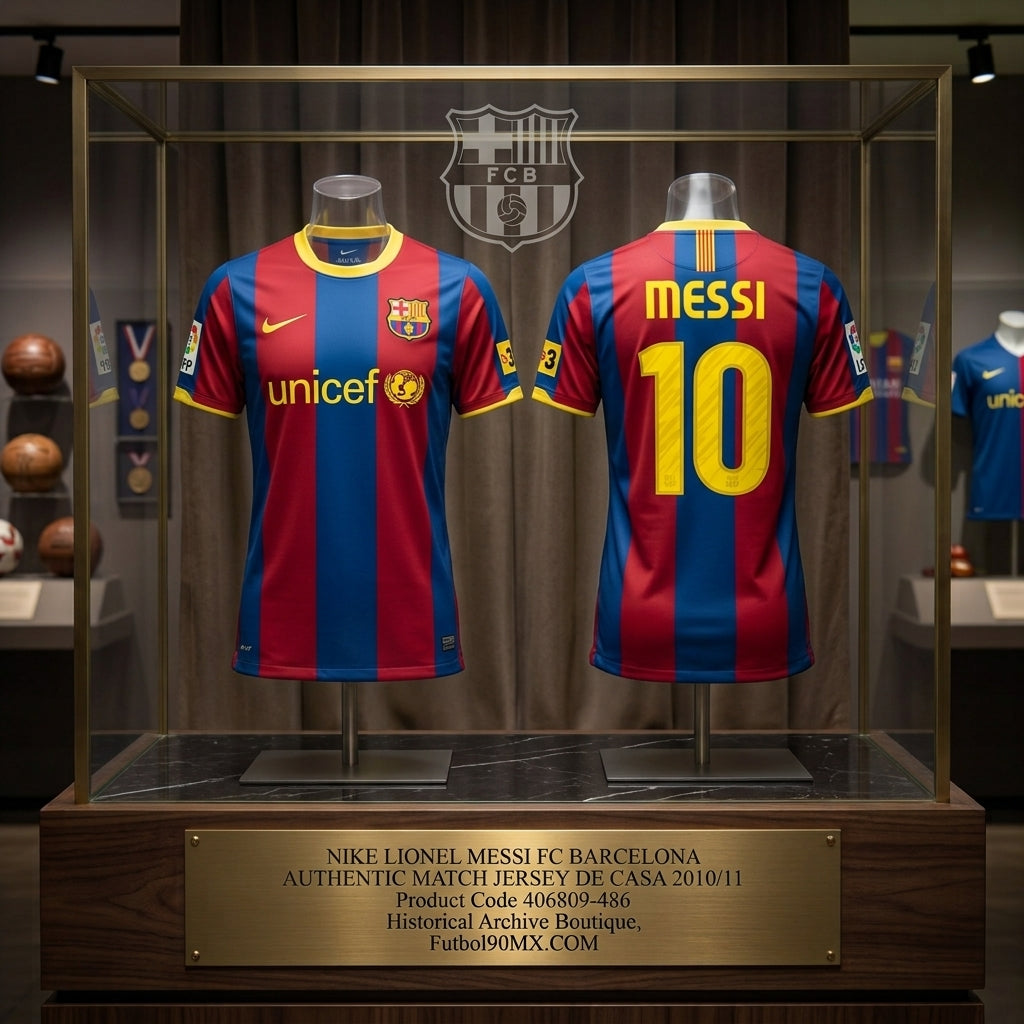 Exhibición museográfica en vitrina de la Historical Archive Boutique de Futbol90MX del jersey Nike Lionel Messi FC Barcelona Authentic Match local 2010/11 (Ref. 406809-486).