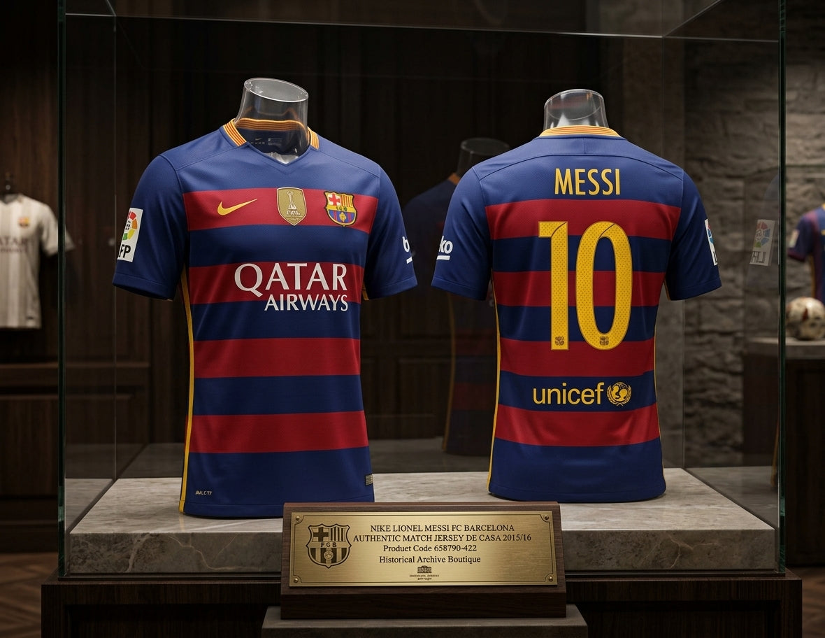 Exhibición museográfica del jersey Nike Lionel Messi FC Barcelona Authentic Match de casa 2015/16 (Ref. 658790-422) en la Historical Archive Boutique de Futbol90MX